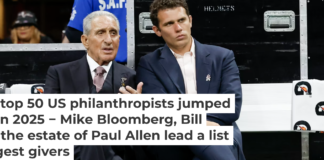 Home Depot co-founder Arthur Blank, one of the top 50 donors of 2025, talks with his son Josh Blank. Kara Durrette/Getty Images